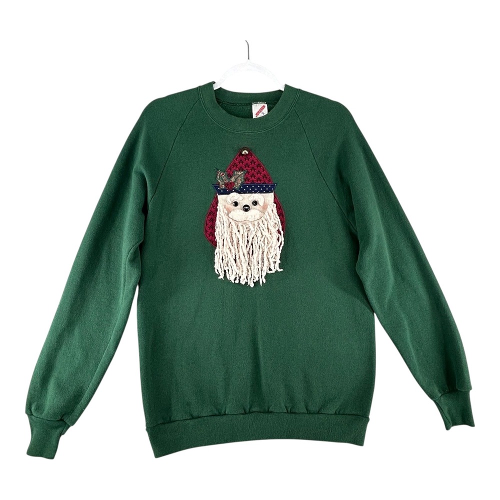 VTG Jerzees Santa Face Applique Sweatshirt Green Christmas Women‎ X-Large USA
